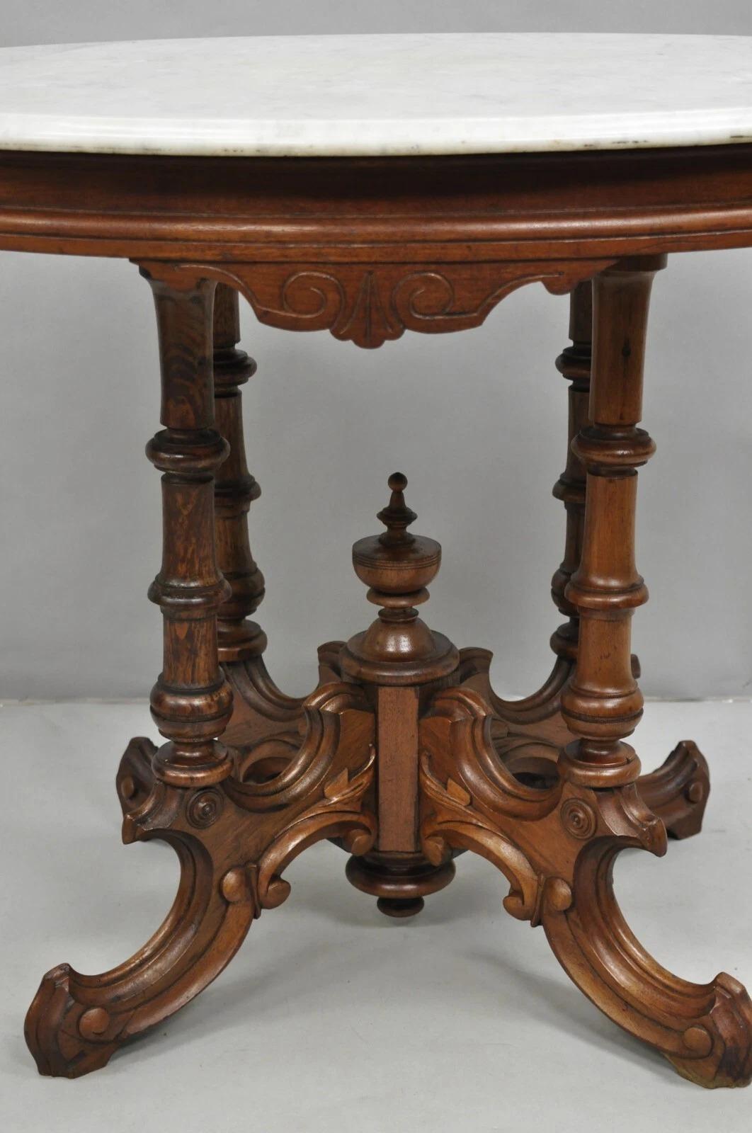 Unknown Antique Eastlake Victorian Carved Walnut Pedestal Base Marble Top Parlor Table For Sale