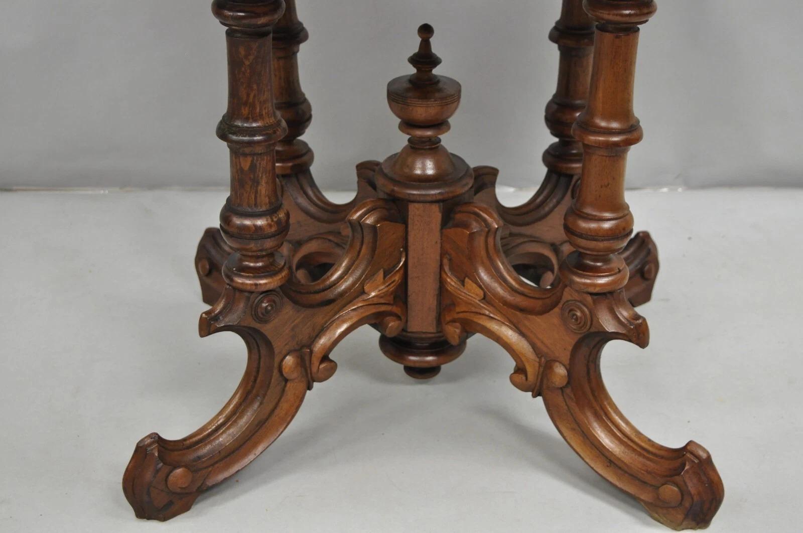 Antique Eastlake Victorian Carved Walnut Pedestal Base Marble Top Parlor Table In Good Condition For Sale In Philadelphia, PA