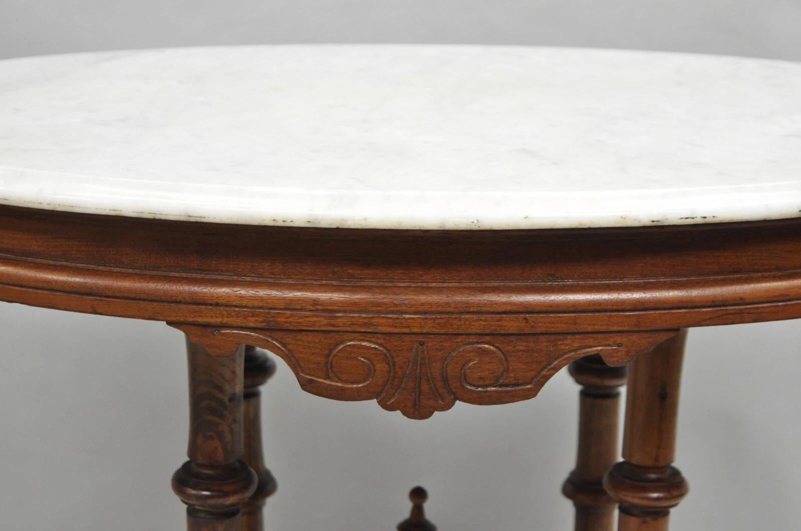 Antique Eastlake Victorian Carved Walnut Pedestal Base Marble Top Parlor Table For Sale 1
