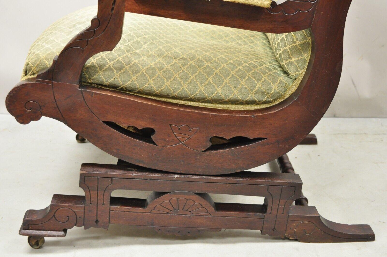 Antique Eastlake Victorian Carved Walnut Platform Rocker Rocking Chair For Sale 4