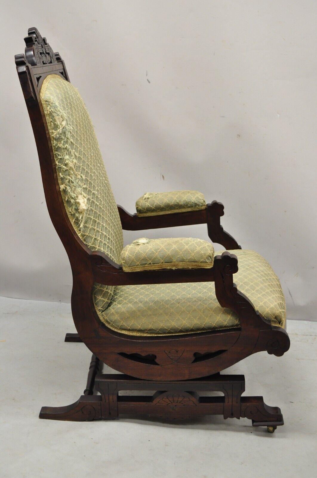 Antique Eastlake Victorian Carved Walnut Platform Rocker Rocking Chair For Sale 5