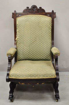 Antique Eastlake Victorian Carved Walnut Platform Rocker Rocking Chair