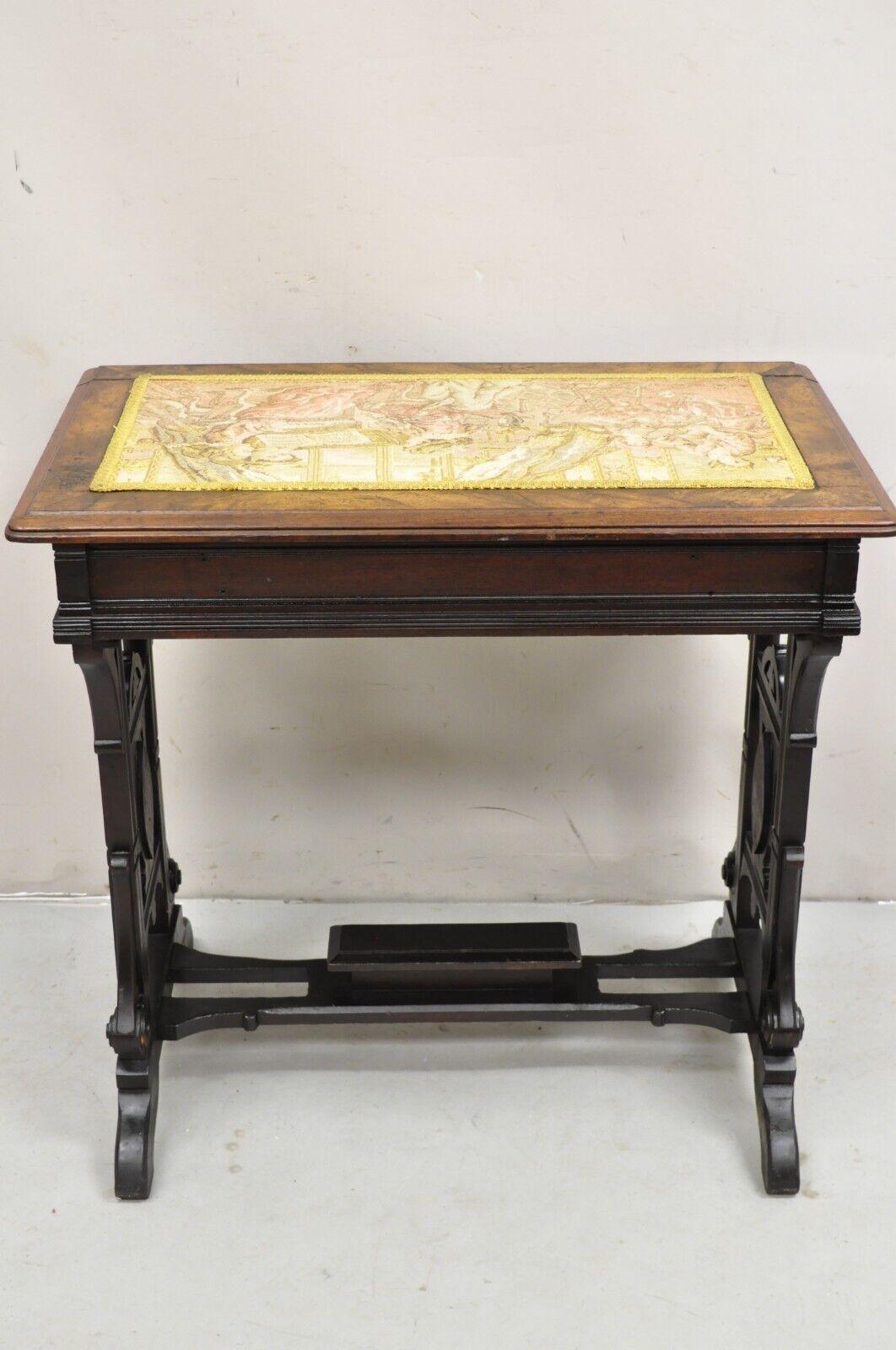 Antique Eastlake Victorian Carved Walnut Small Sewing Stand Tapestry Side Table For Sale 6