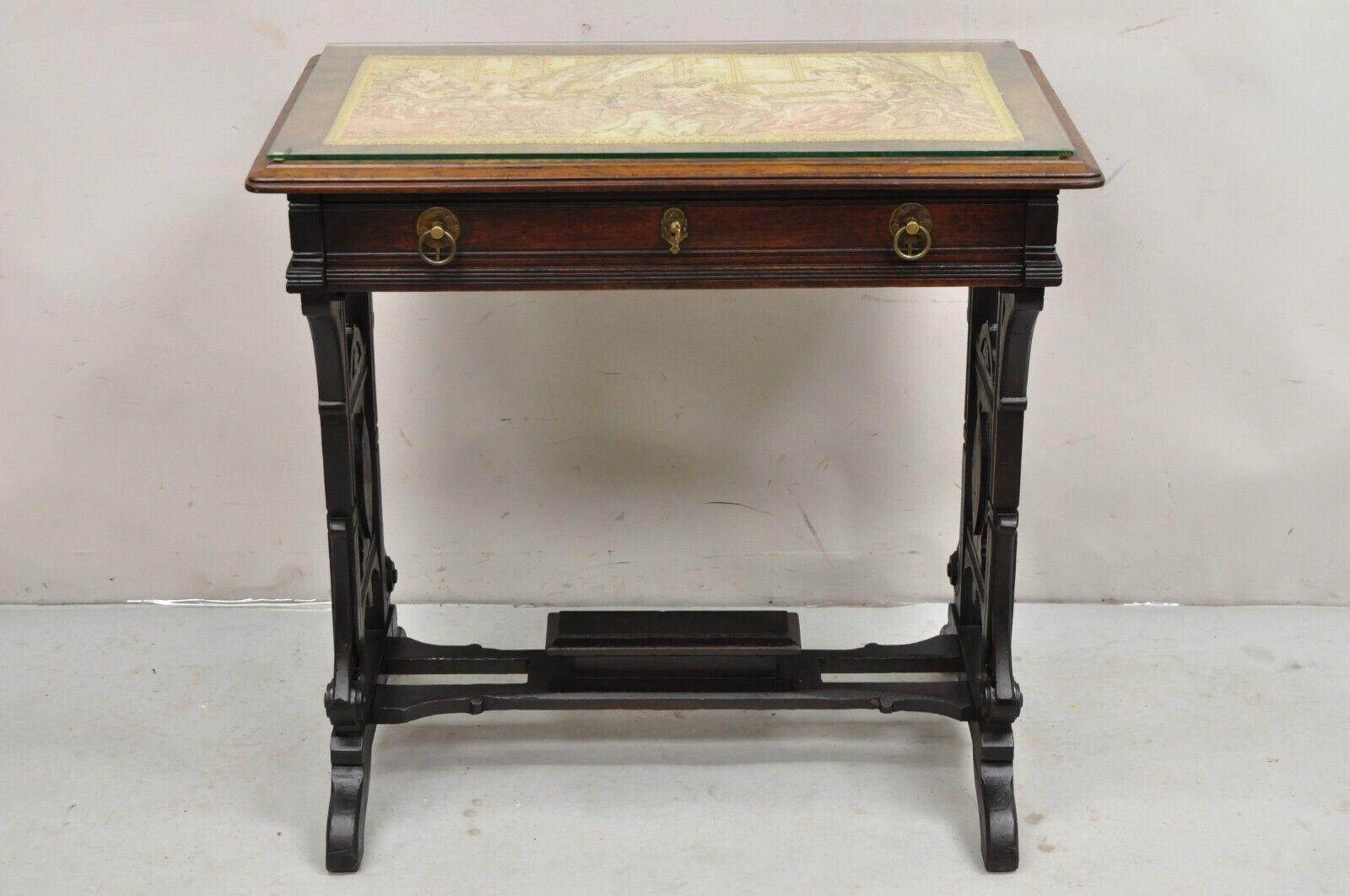 Antique Eastlake Victorian Carved Walnut Small Sewing Stand Tapestry Side Table In Good Condition For Sale In Philadelphia, PA
