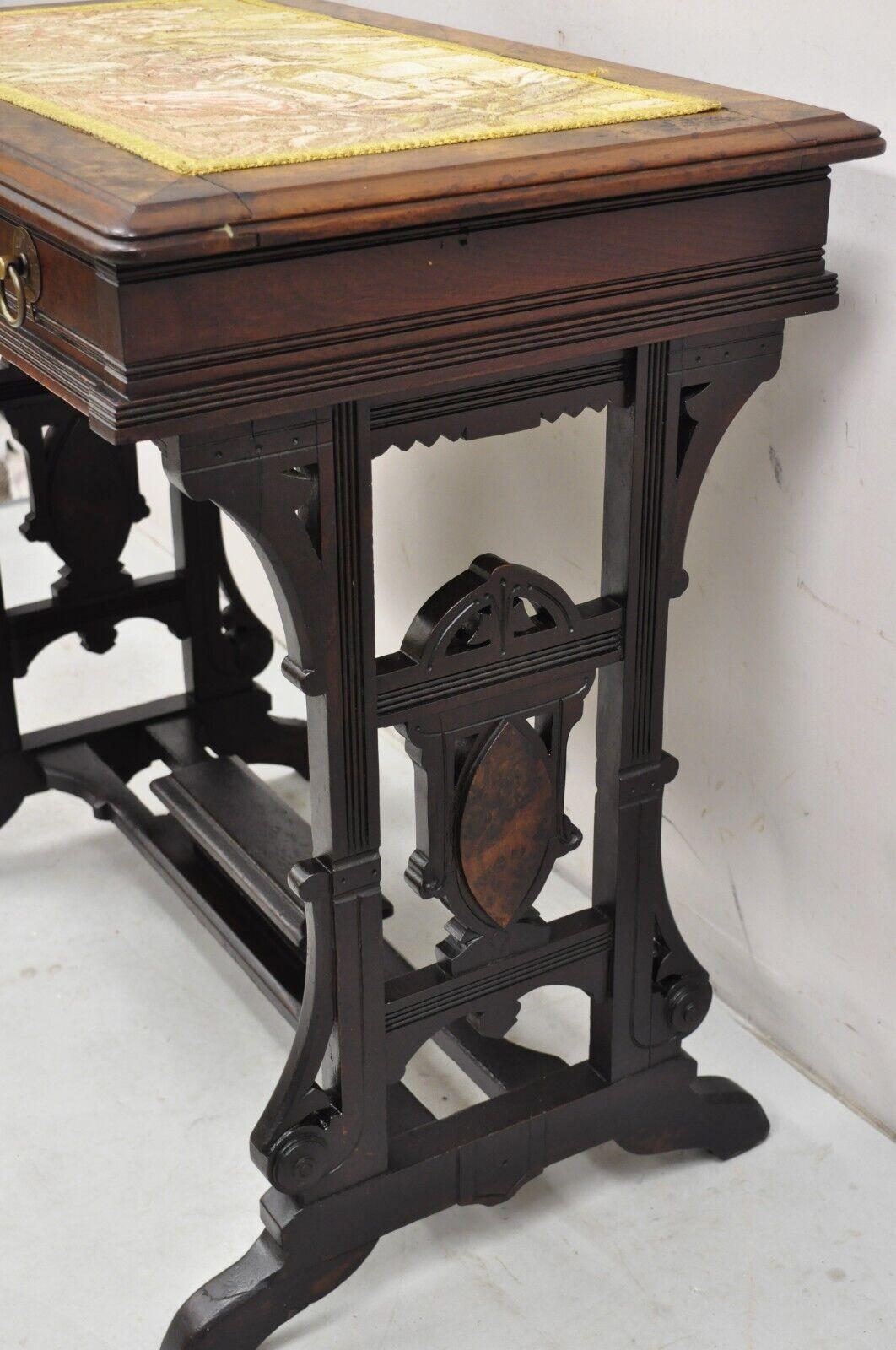 19th Century Antique Eastlake Victorian Carved Walnut Small Sewing Stand Tapestry Side Table For Sale