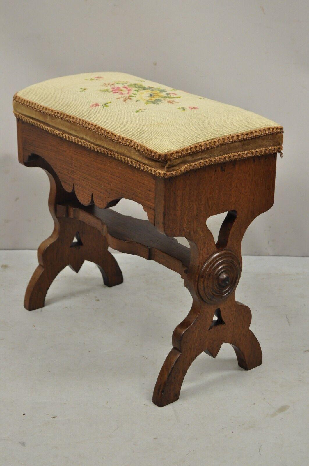 Antique Eastlake Victorian Carved Walnut Stool Bench with Needlepoint Seat For Sale 2