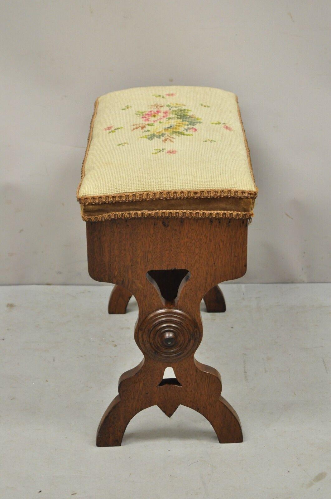 Antique Eastlake Victorian Carved Walnut Stool Bench with Needlepoint Seat For Sale 3