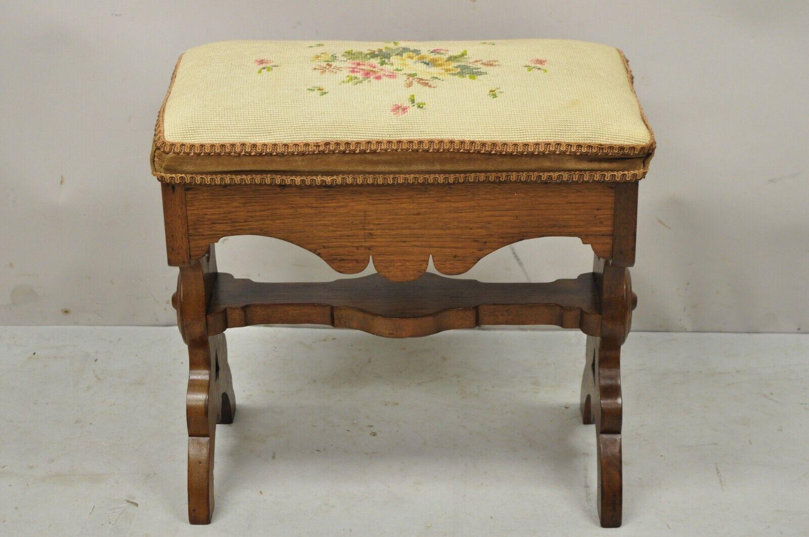 Antique Eastlake Victorian Carved Walnut Stool Bench with Needlepoint Seat For Sale 5