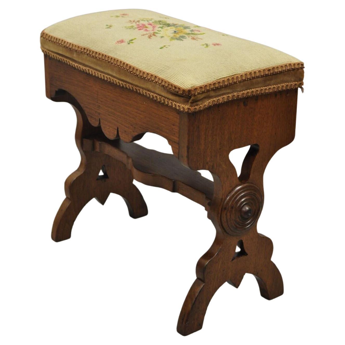 Antique Eastlake Victorian Carved Walnut Stool Bench with Needlepoint Seat For Sale