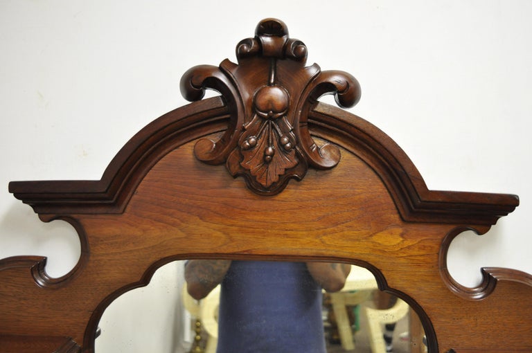 Antique Eastlake Victorian Carved Walnut Wall Hanging Mirror Wall Shelf