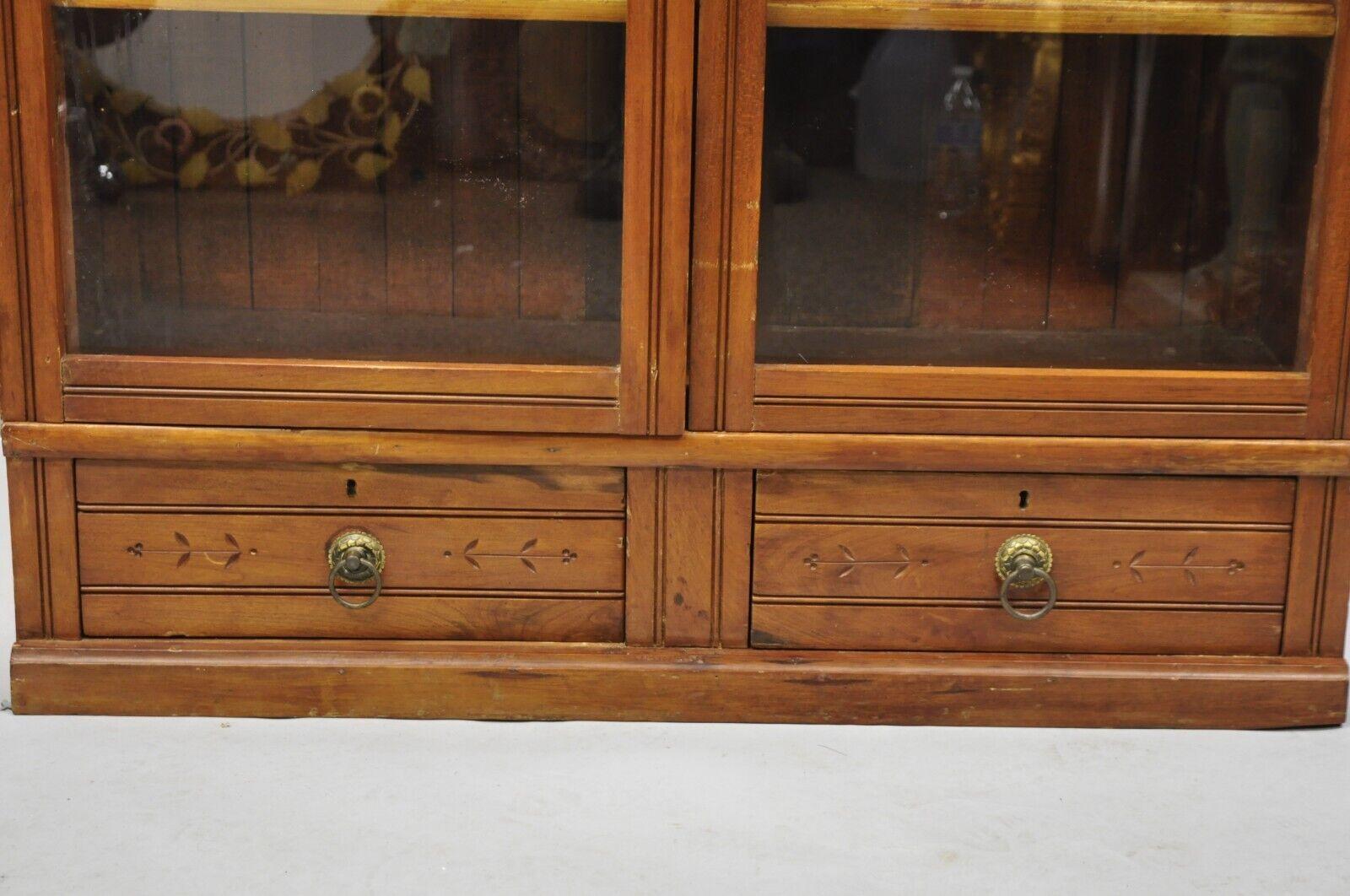 Antique Eastlake Victorian Chestnut 2 Door Bookcase China Cabinet with Drawers In Good Condition For Sale In Philadelphia, PA
