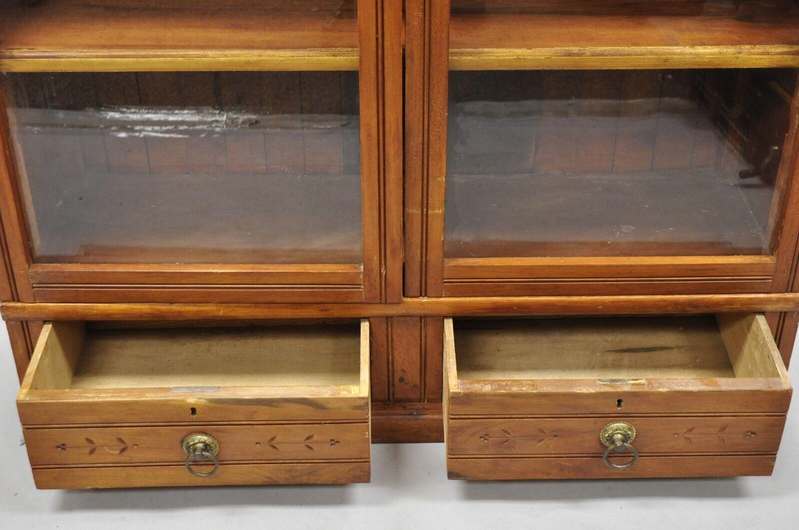 19th Century Antique Eastlake Victorian Chestnut 2 Door Bookcase China Cabinet with Drawers For Sale
