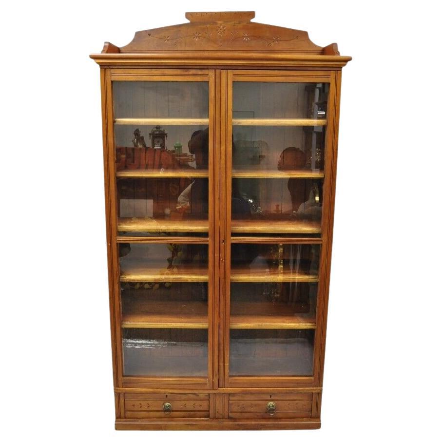 Antique Eastlake Victorian Chestnut 2 Door Bookcase China Cabinet with Drawers