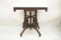 Antique Eastlake Victorian Floral Carved Walnut Marble Top Parlor Side Table