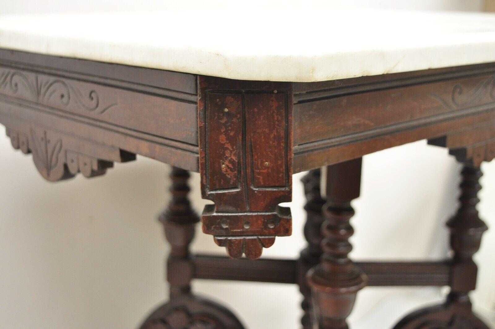 Antique Eastlake Victorian Floral Carved Walnut Parlor Side Table w/ Marble Top For Sale 1