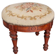 Antique Eastlake Victorian Floral Tapestry Walnut and Burl Footstool, circa 1890