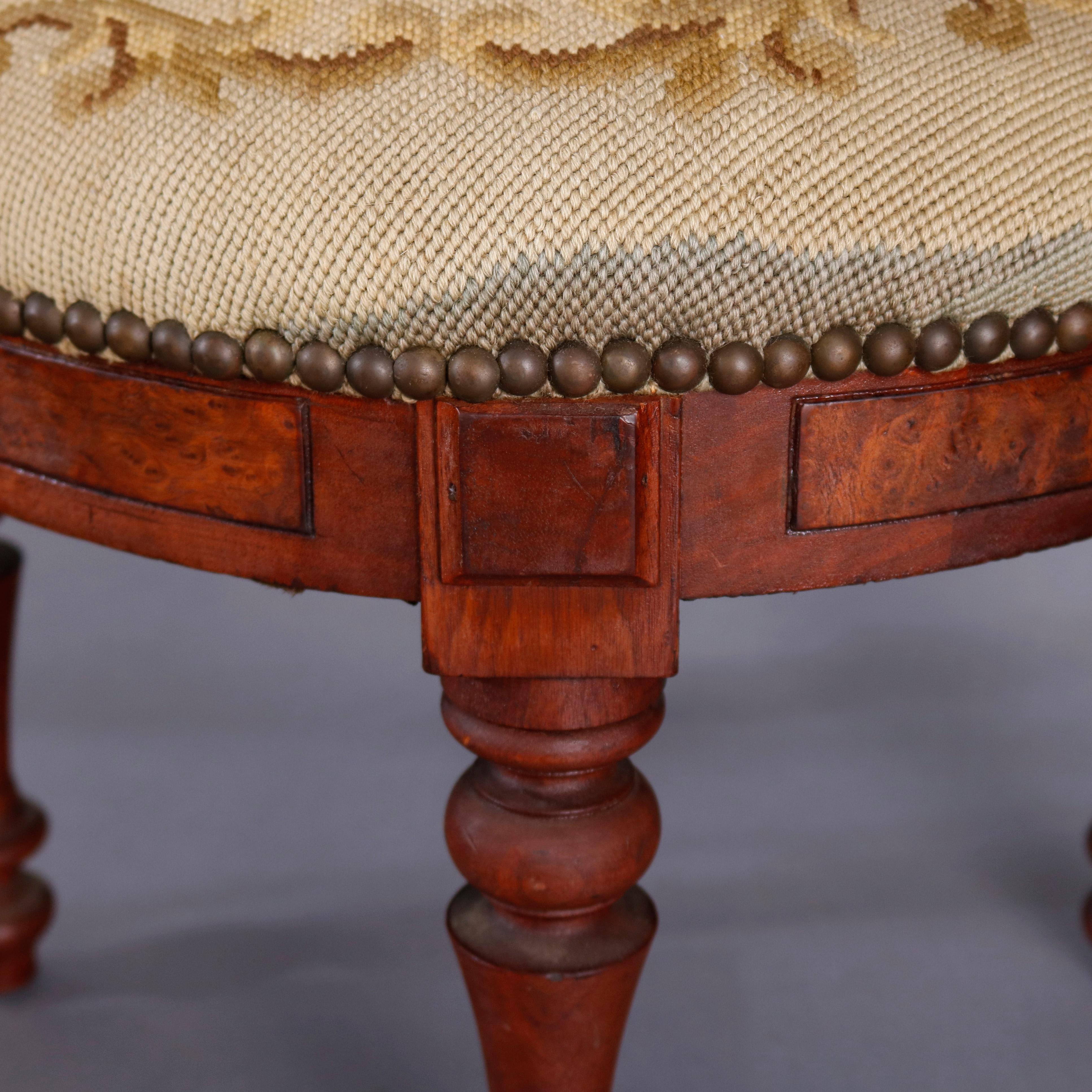 Carved Antique Eastlake Victorian Floral Tapestry Walnut and Burl Footstool, circa 1890