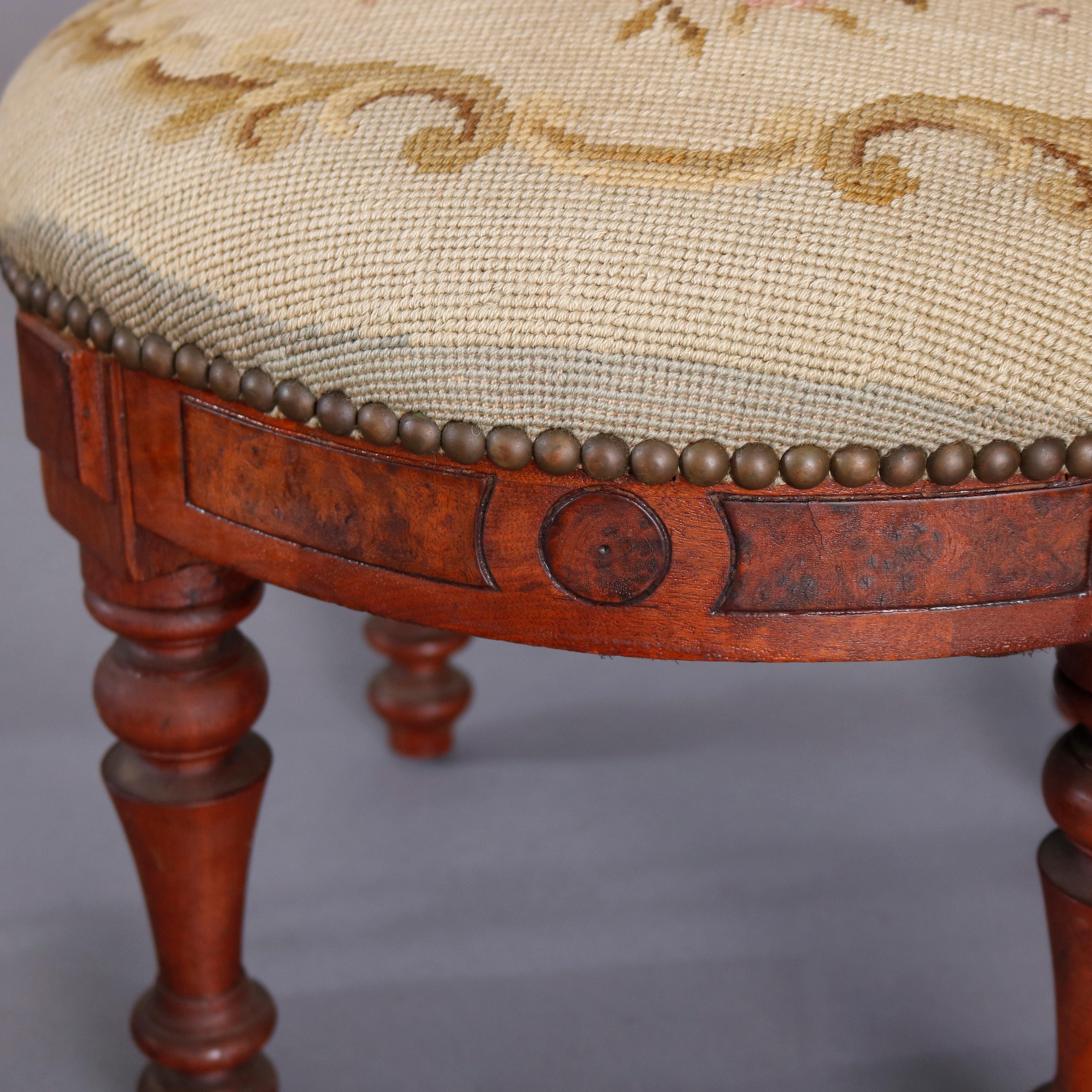 Antique Eastlake Victorian Floral Tapestry Walnut and Burl Footstool, circa 1890 In Good Condition In Big Flats, NY