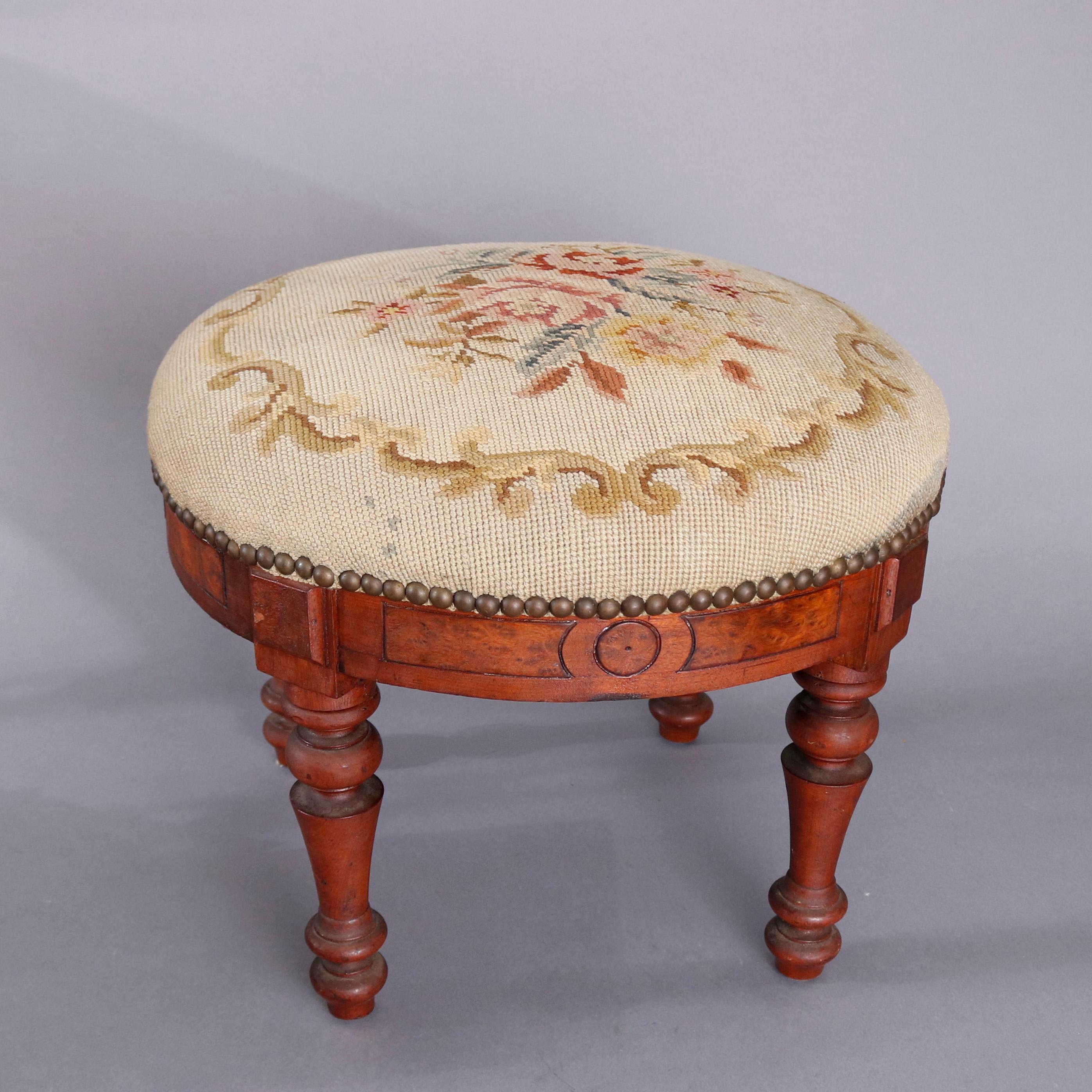 Antique Eastlake Victorian Floral Tapestry Walnut and Burl Footstool, circa 1890 1