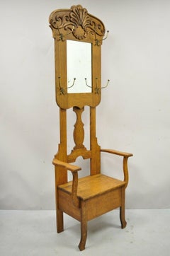 Antique Eastlake Victorian Golden Oak Beveled Glass Coat Hook Mirror Hall Bench