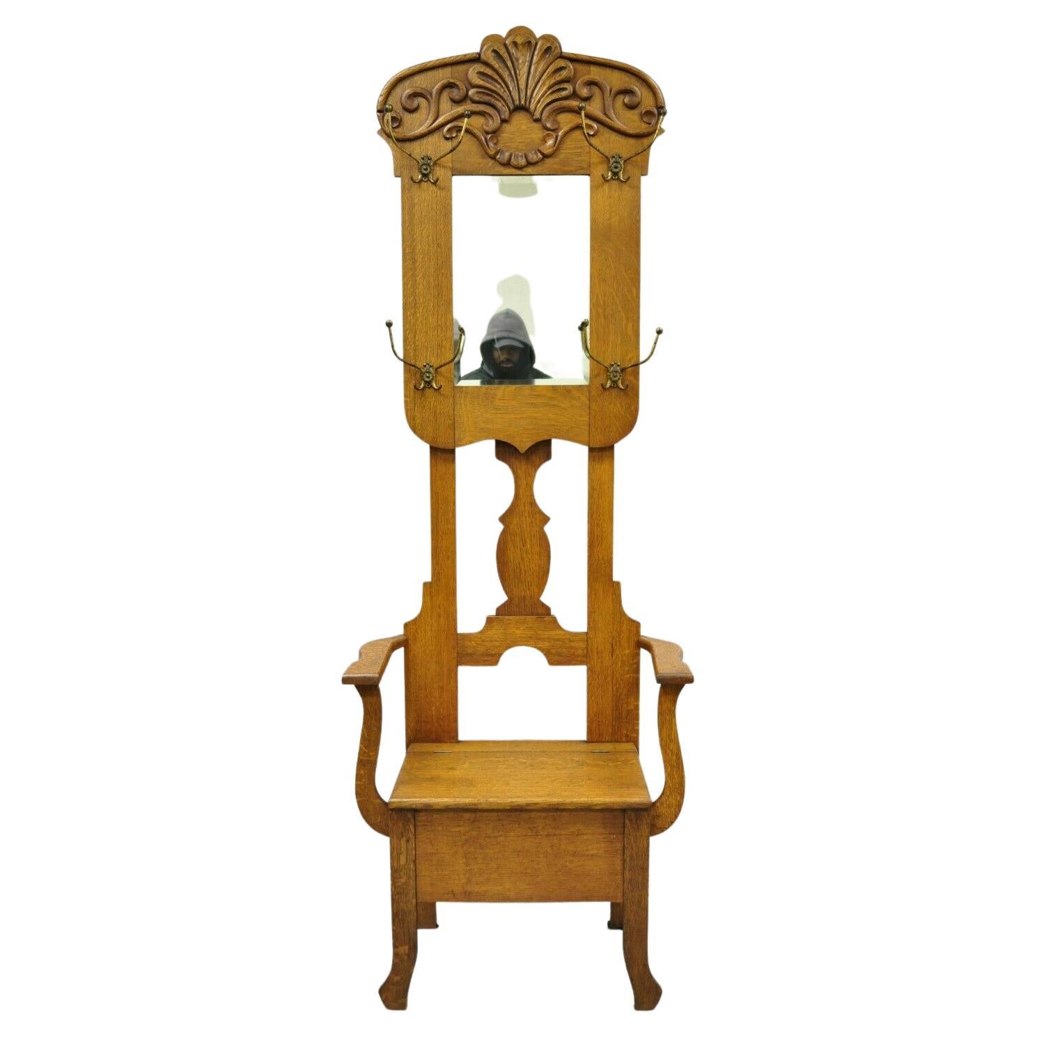 Antique Eastlake Victorian Golden Oak Beveled Glass Coat Hook Mirror Hall Bench