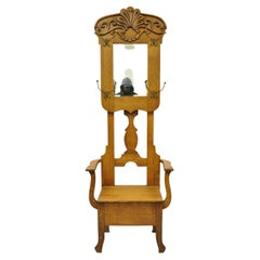 Antique Eastlake Victorian Golden Oak Beveled Glass Coat Hook Mirror Hall Bench