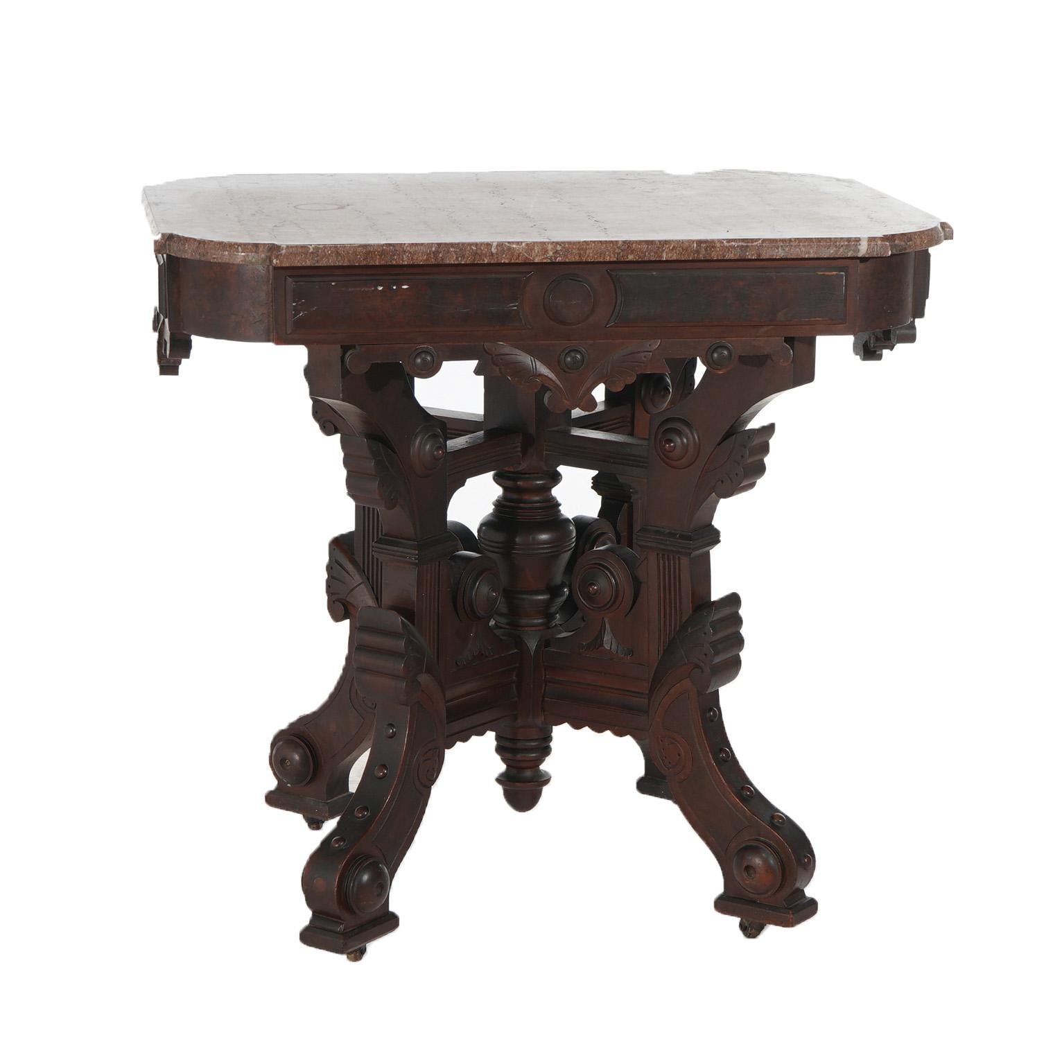 Antique Eastlake Victorian Incised Walnut, Burl & Rouge Marble Table C1890 6