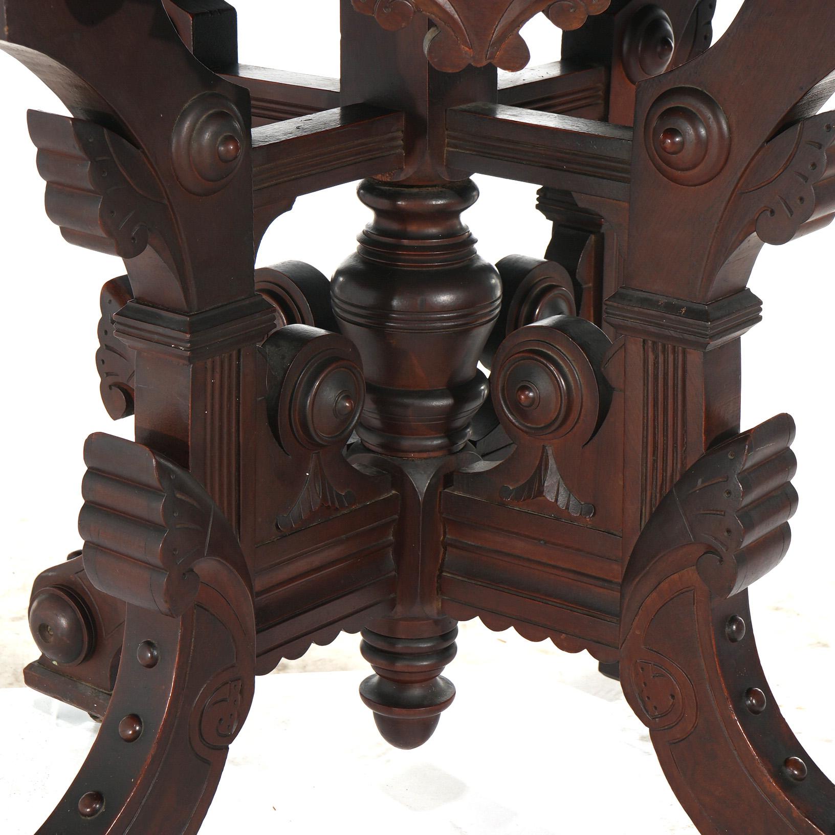 Antique Eastlake Victorian Incised Walnut, Burl & Rouge Marble Table C1890 7