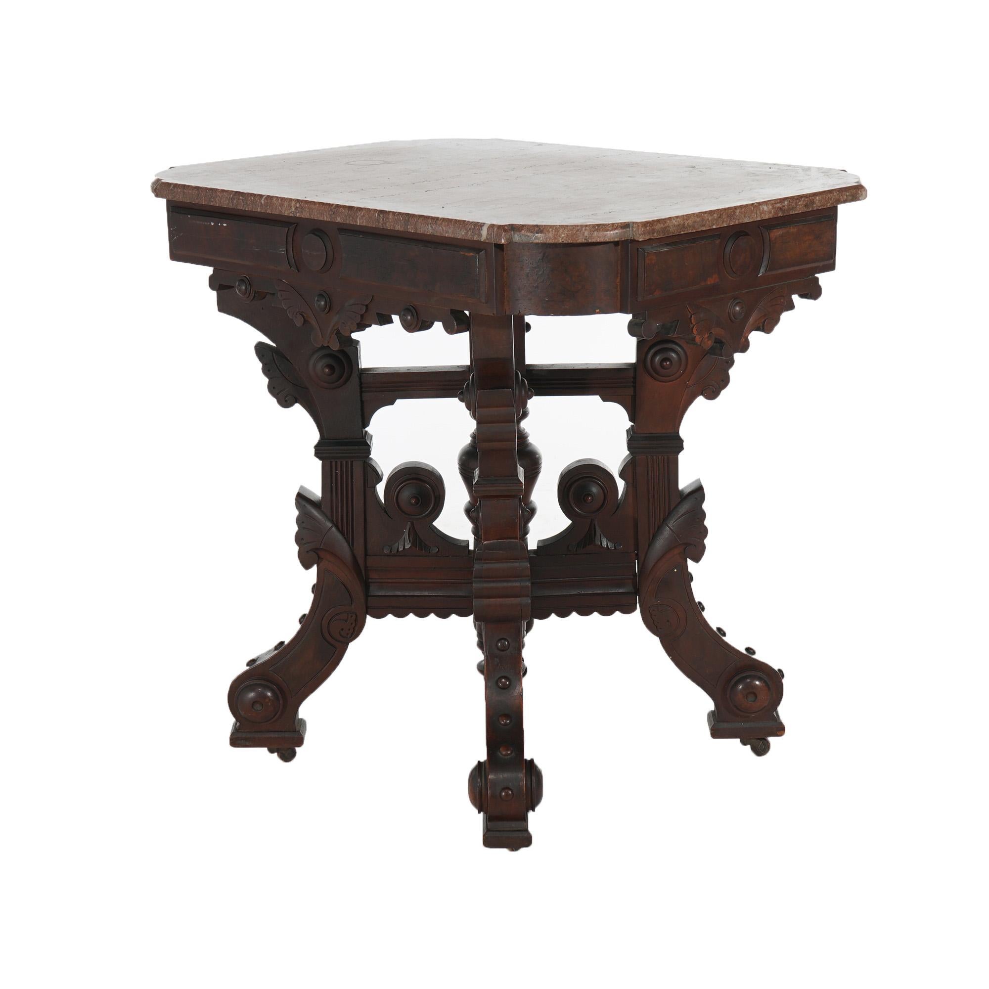 Antique Eastlake Victorian Incised Walnut, Burl & Rouge Marble Table C1890 8