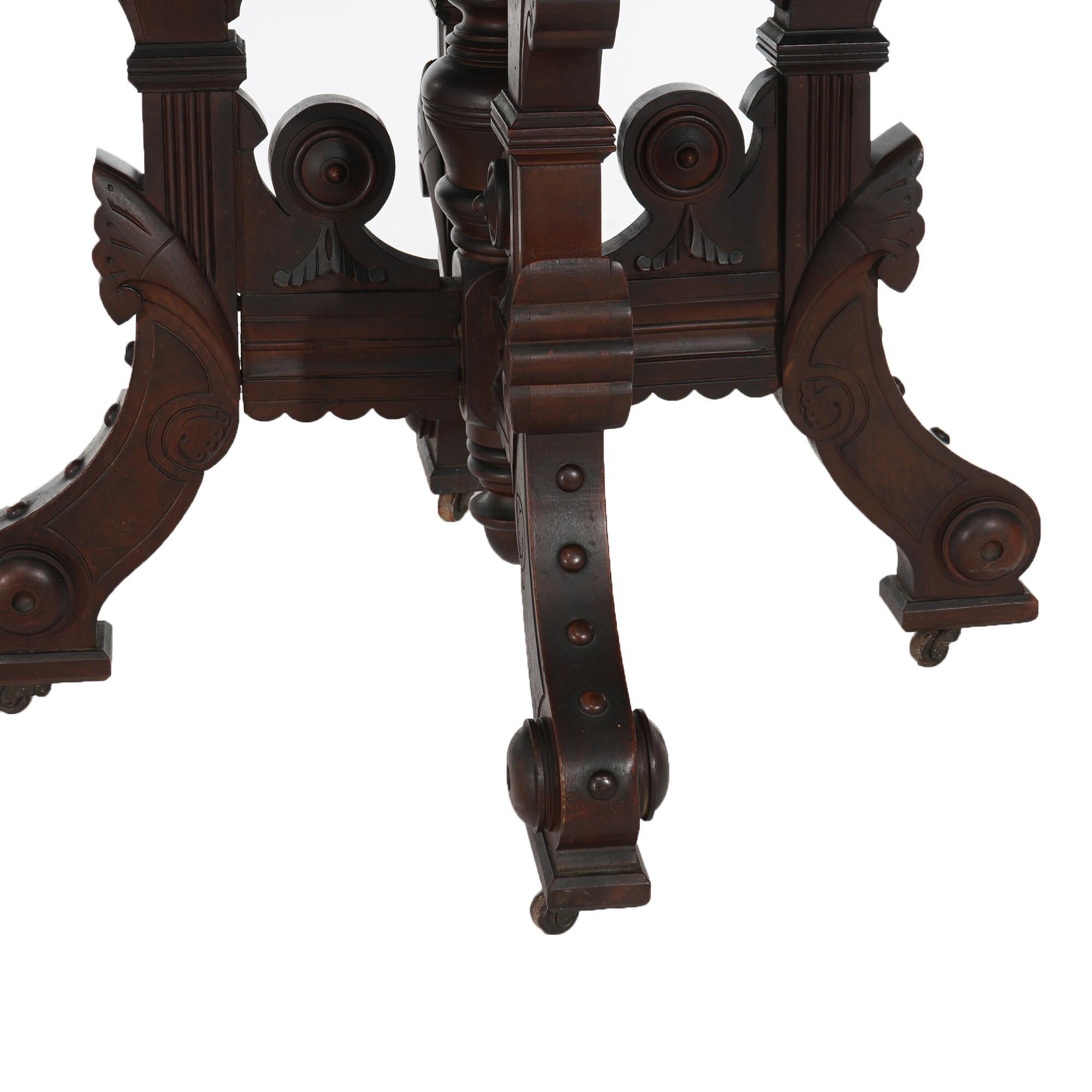 Antique Eastlake Victorian Incised Walnut, Burl & Rouge Marble Table C1890 In Good Condition In Big Flats, NY