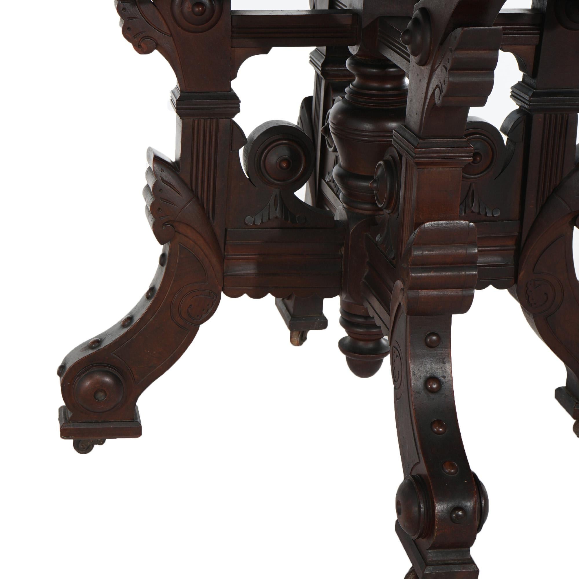 19th Century Antique Eastlake Victorian Incised Walnut, Burl & Rouge Marble Table C1890