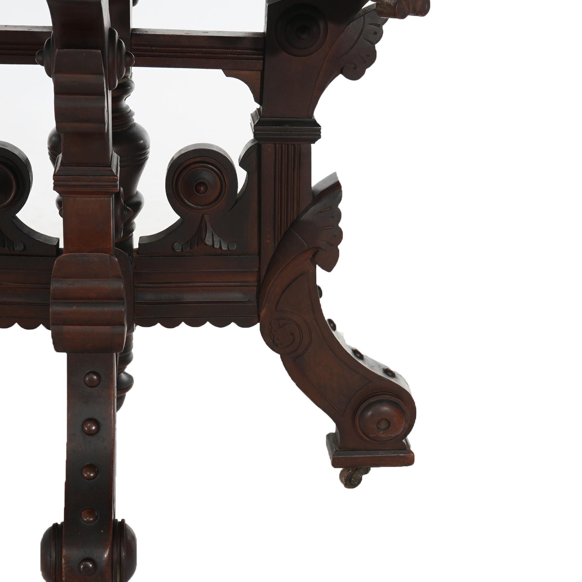 Antique Eastlake Victorian Incised Walnut, Burl & Rouge Marble Table C1890 1