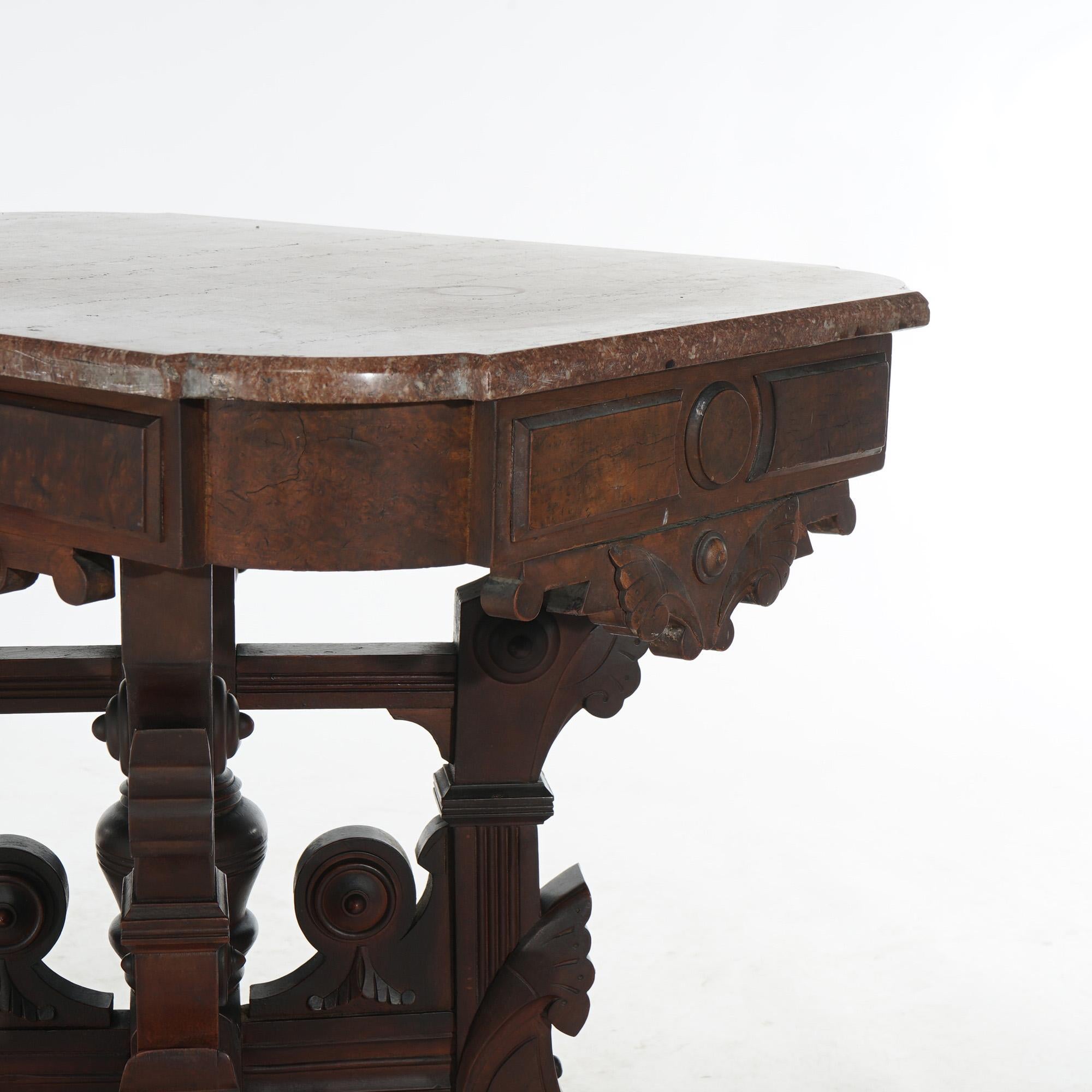 Antique Eastlake Victorian Incised Walnut, Burl & Rouge Marble Table C1890 2