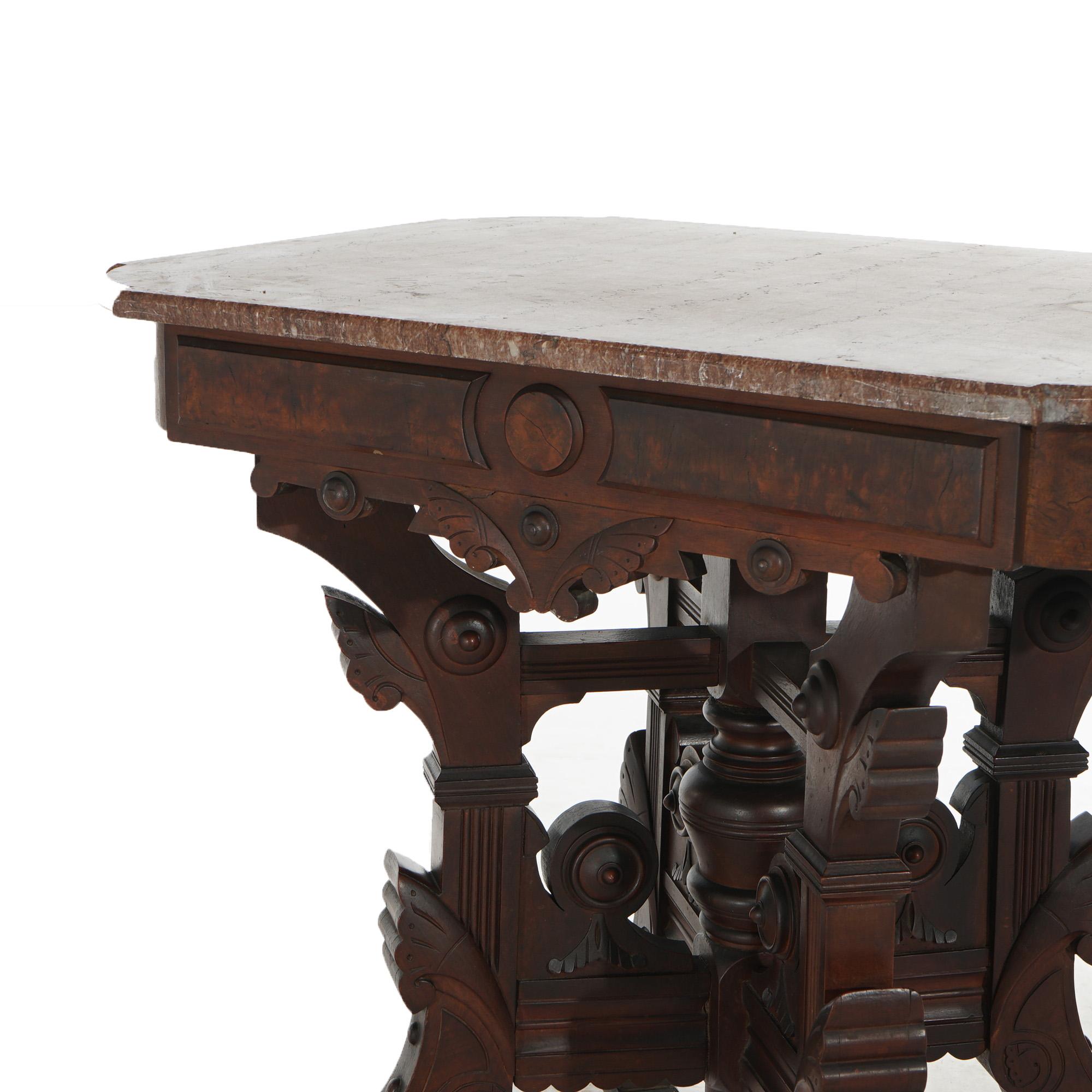 Antique Eastlake Victorian Incised Walnut, Burl & Rouge Marble Table C1890 3