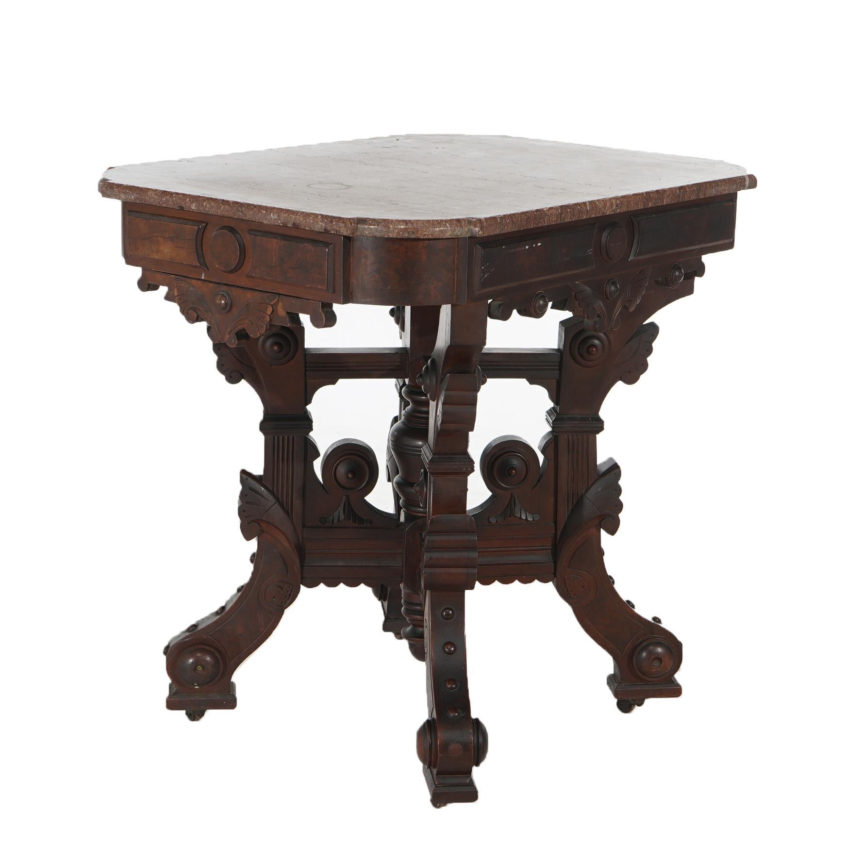 Antique Eastlake Victorian Incised Walnut, Burl & Rouge Marble Table C1890 4