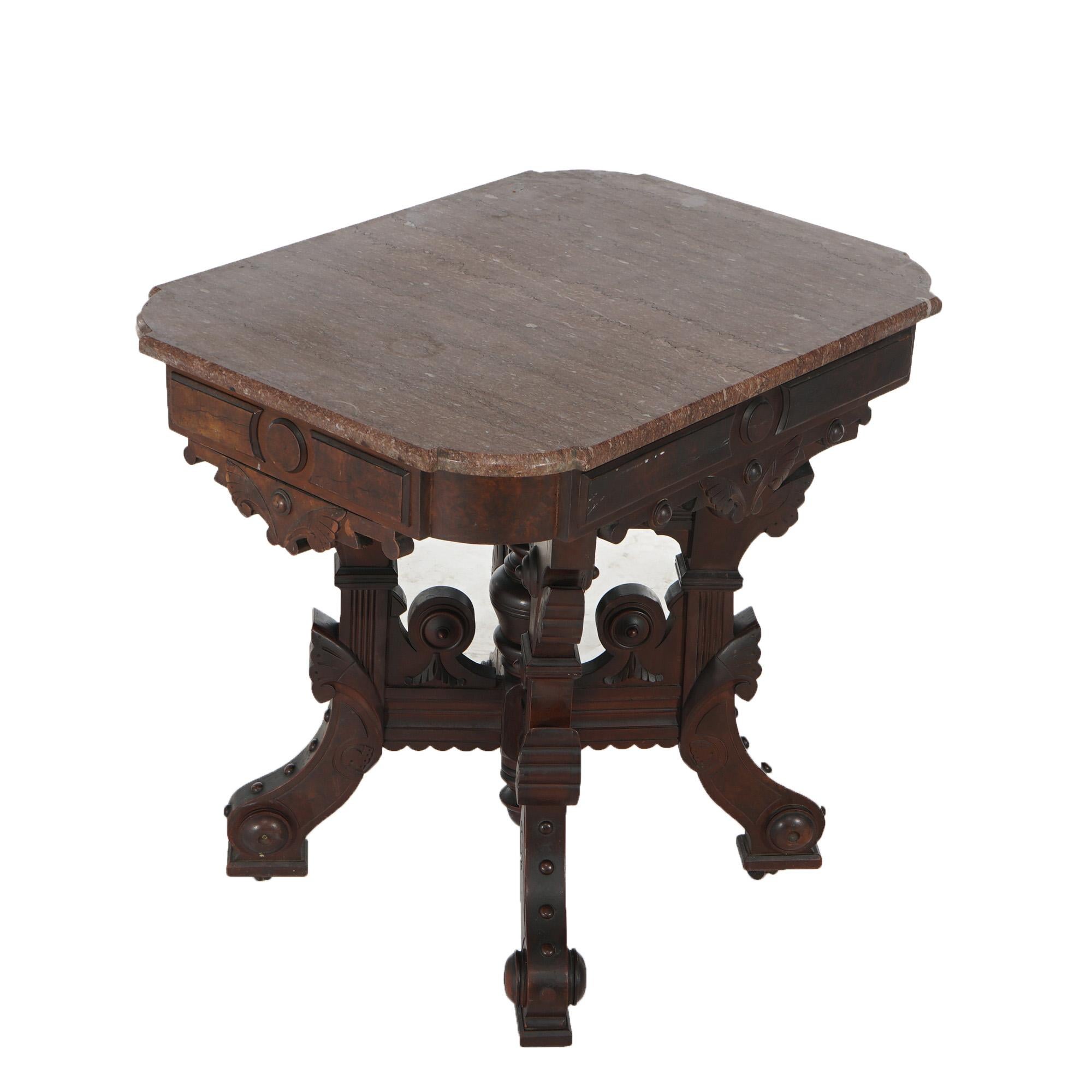 Antique Eastlake Victorian Incised Walnut, Burl & Rouge Marble Table C1890 5