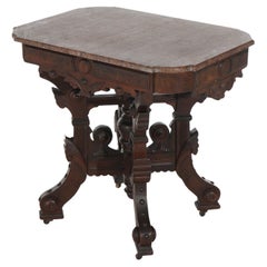 Antico tavolo Eastlake vittoriano in noce inciso, radica e marmo rosso C1890