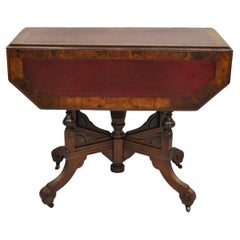 Antique Eastlake Victorian Leather Top Walnut Dropleaf Parlor Game Table