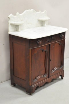 Antique Eastlake Victorian Marble Top Backsplash Walnut Washstand Commode