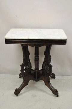 Antique Eastlake Victorian Marble Top Carved Walnut Parlor Accent Side Table
