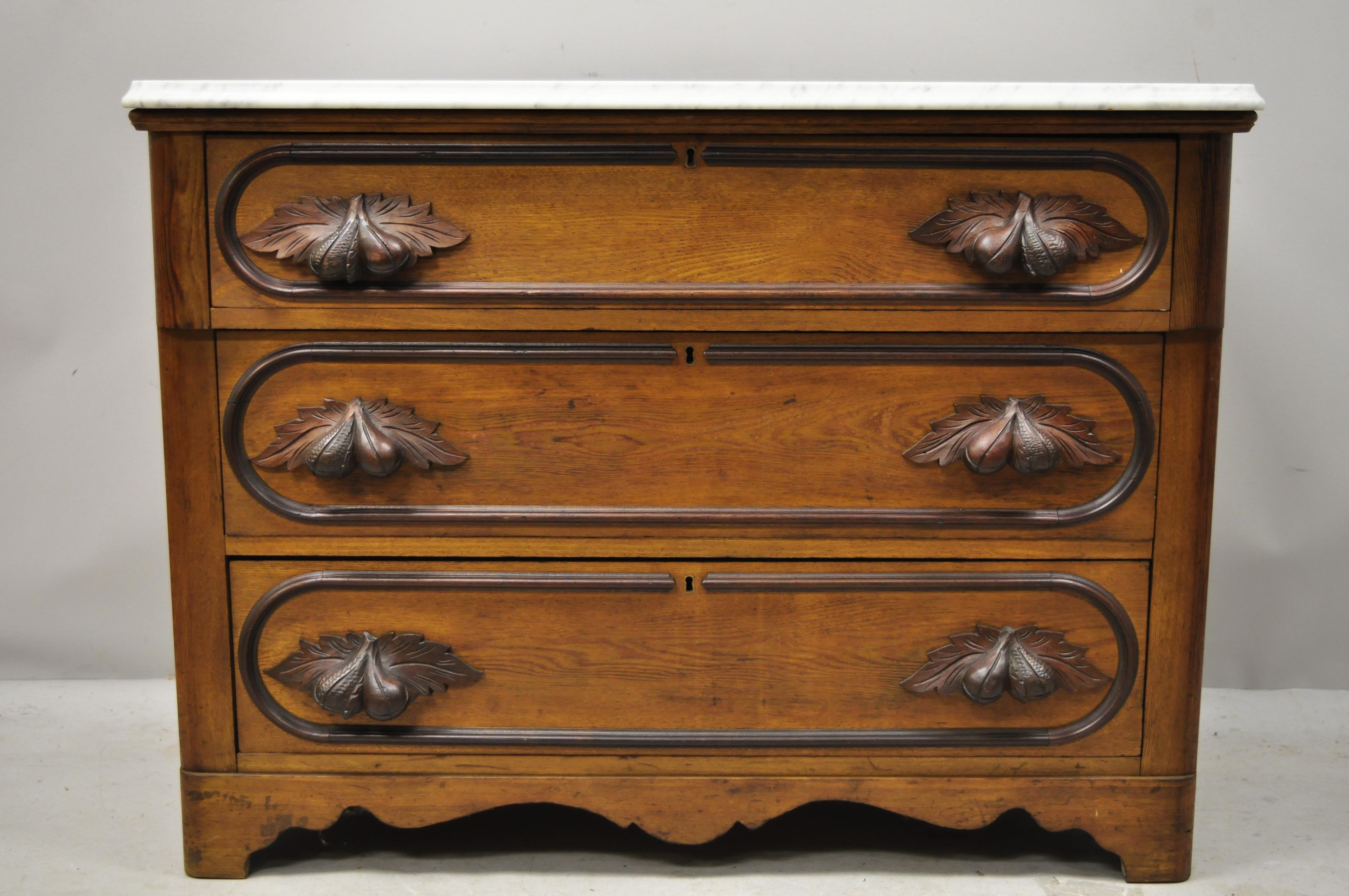 Antique Eastlake Victorian Marble Top Chestnut Dresser with Fruit Carved Pulls 4