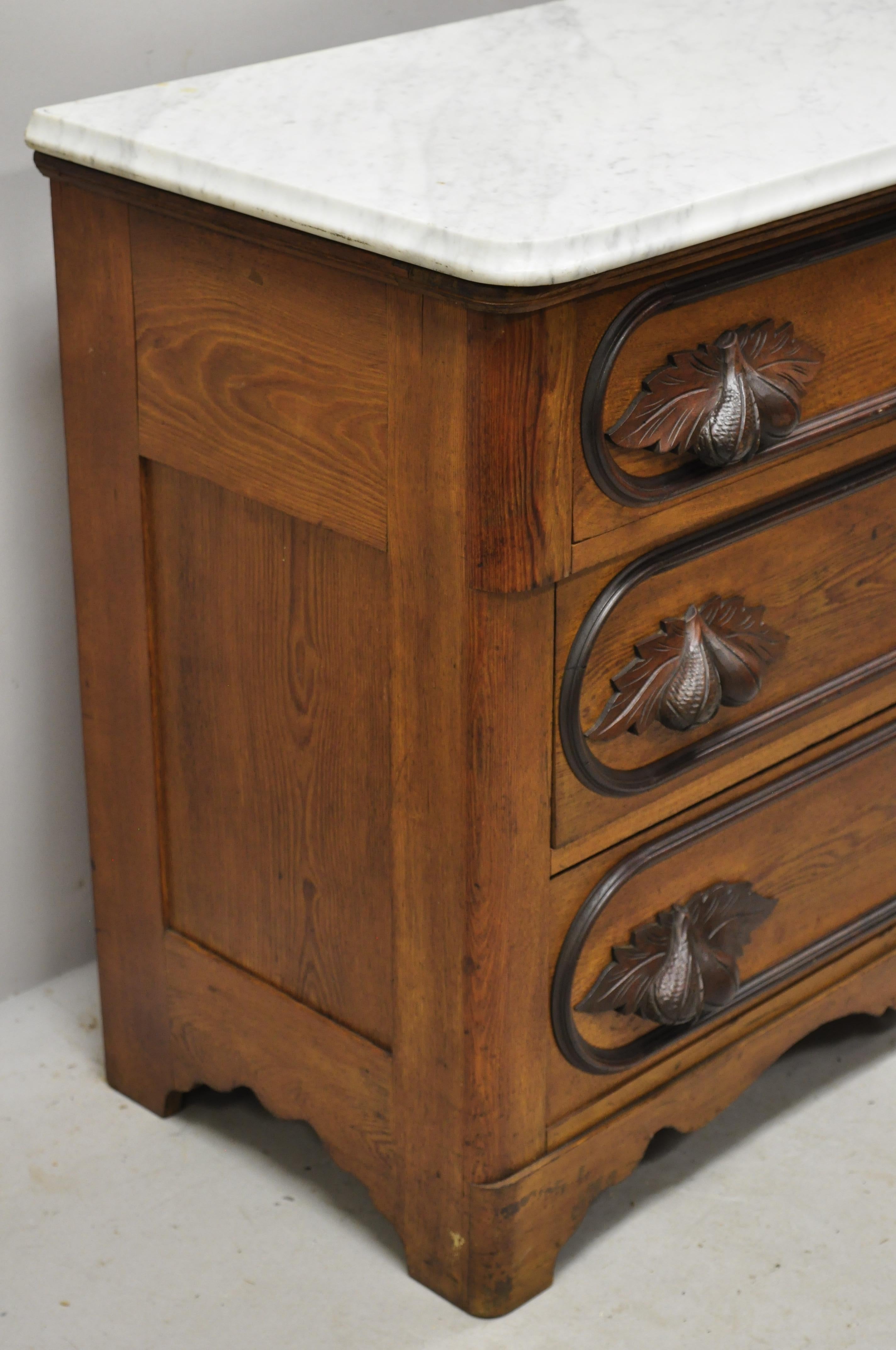 Antique Eastlake Victorian Marble Top Chestnut Dresser with Fruit Carved Pulls 1