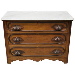 Antique Eastlake Victorian Marble Top Chestnut Dresser with Fruit Carved Pulls