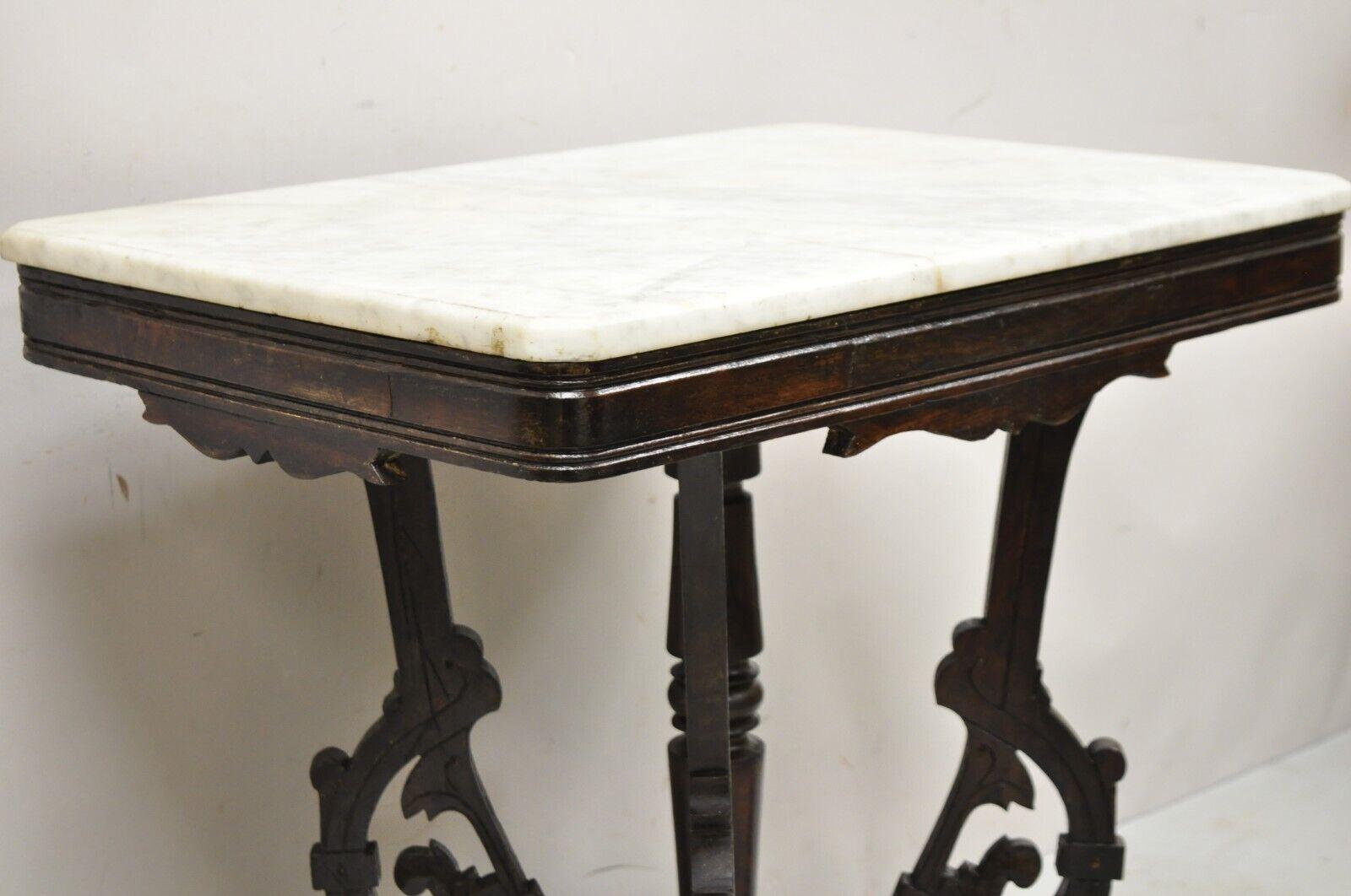 19th Century Antique Eastlake Victorian Marble Top Walnut Parlor Accent Side Table For Sale