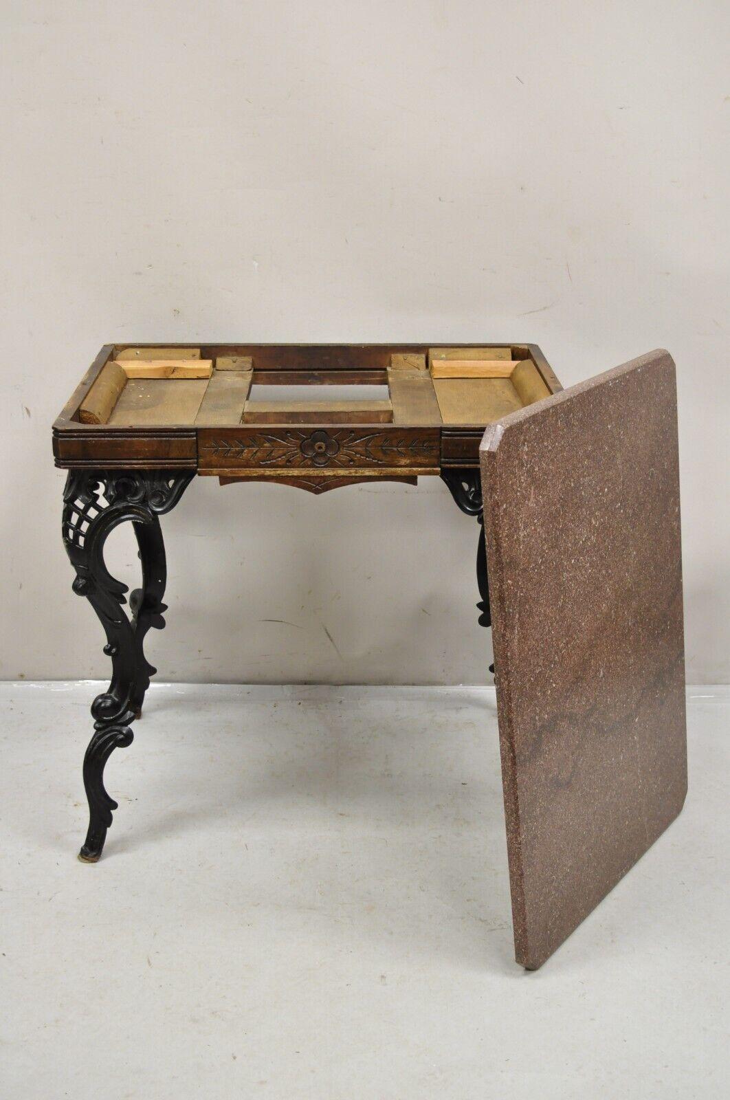 Antique Eastlake Victorian Marble Top Walnut Table with Cast Iron Legs 4