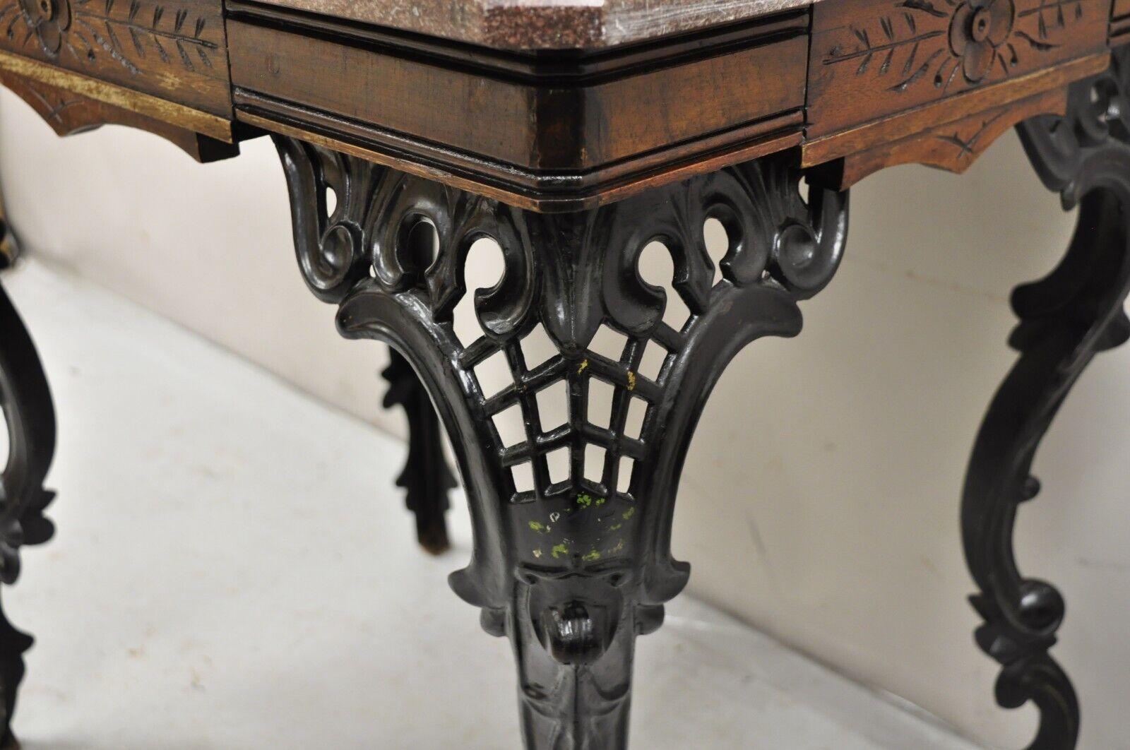 Antique Eastlake Victorian Marble Top Walnut Table with Cast Iron Legs In Good Condition In Philadelphia, PA