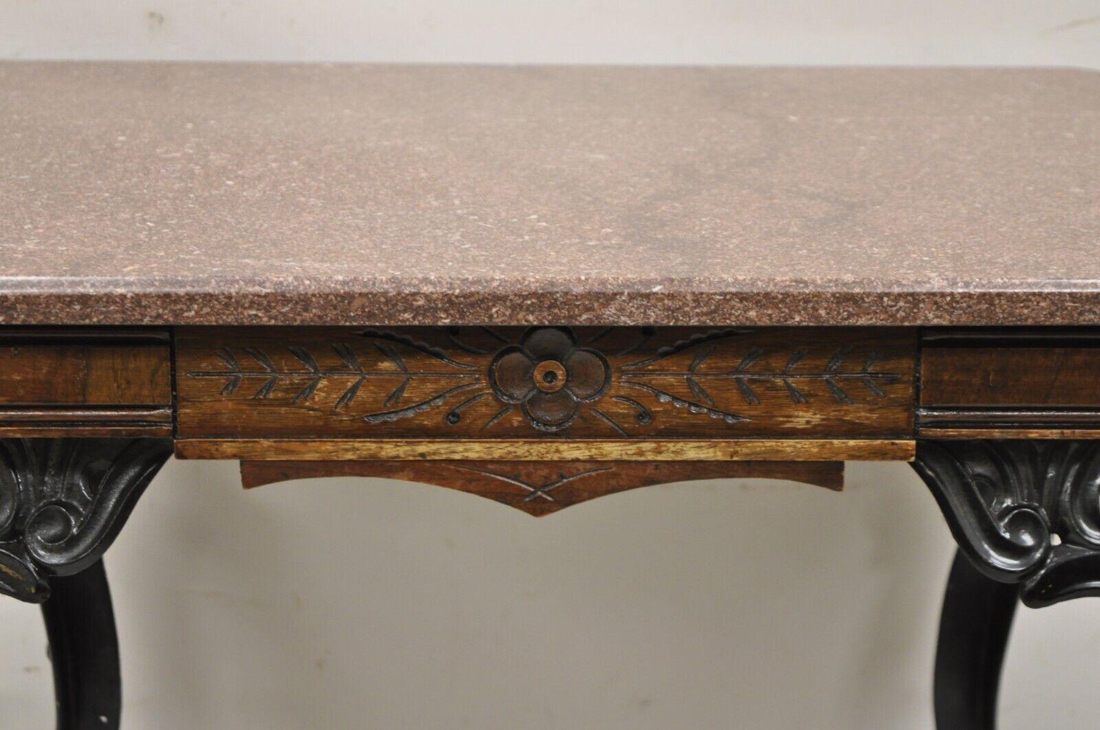 19th Century Antique Eastlake Victorian Marble Top Walnut Table with Cast Iron Legs