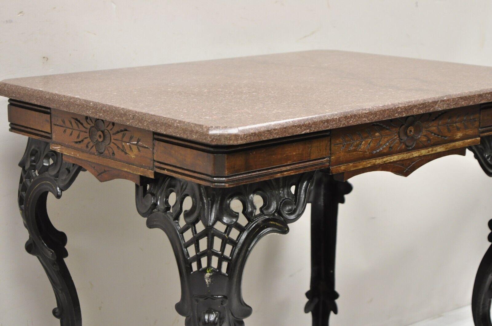 Antique Eastlake Victorian Marble Top Walnut Table with Cast Iron Legs 1