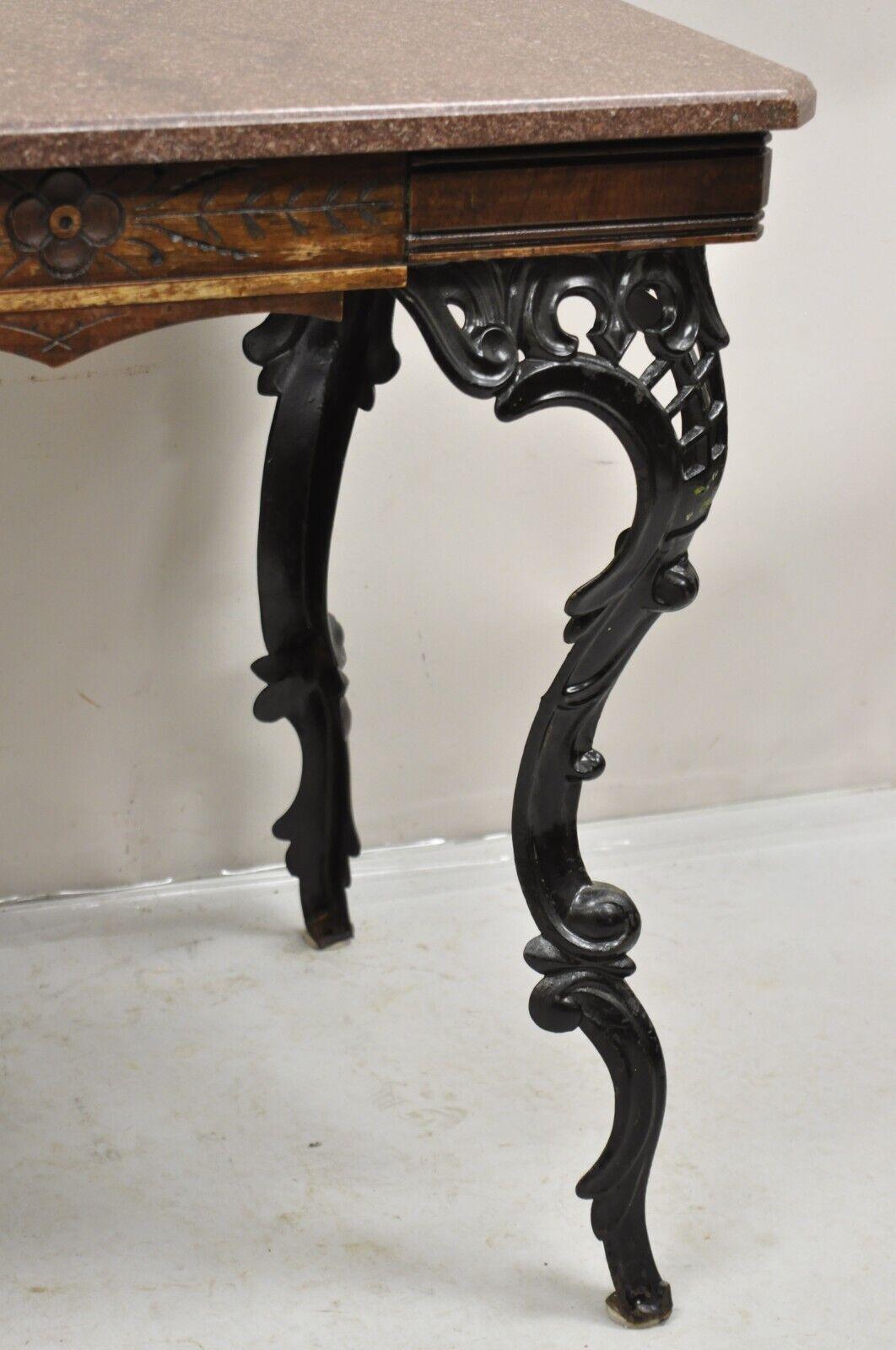 Antique Eastlake Victorian Marble Top Walnut Table with Cast Iron Legs 2