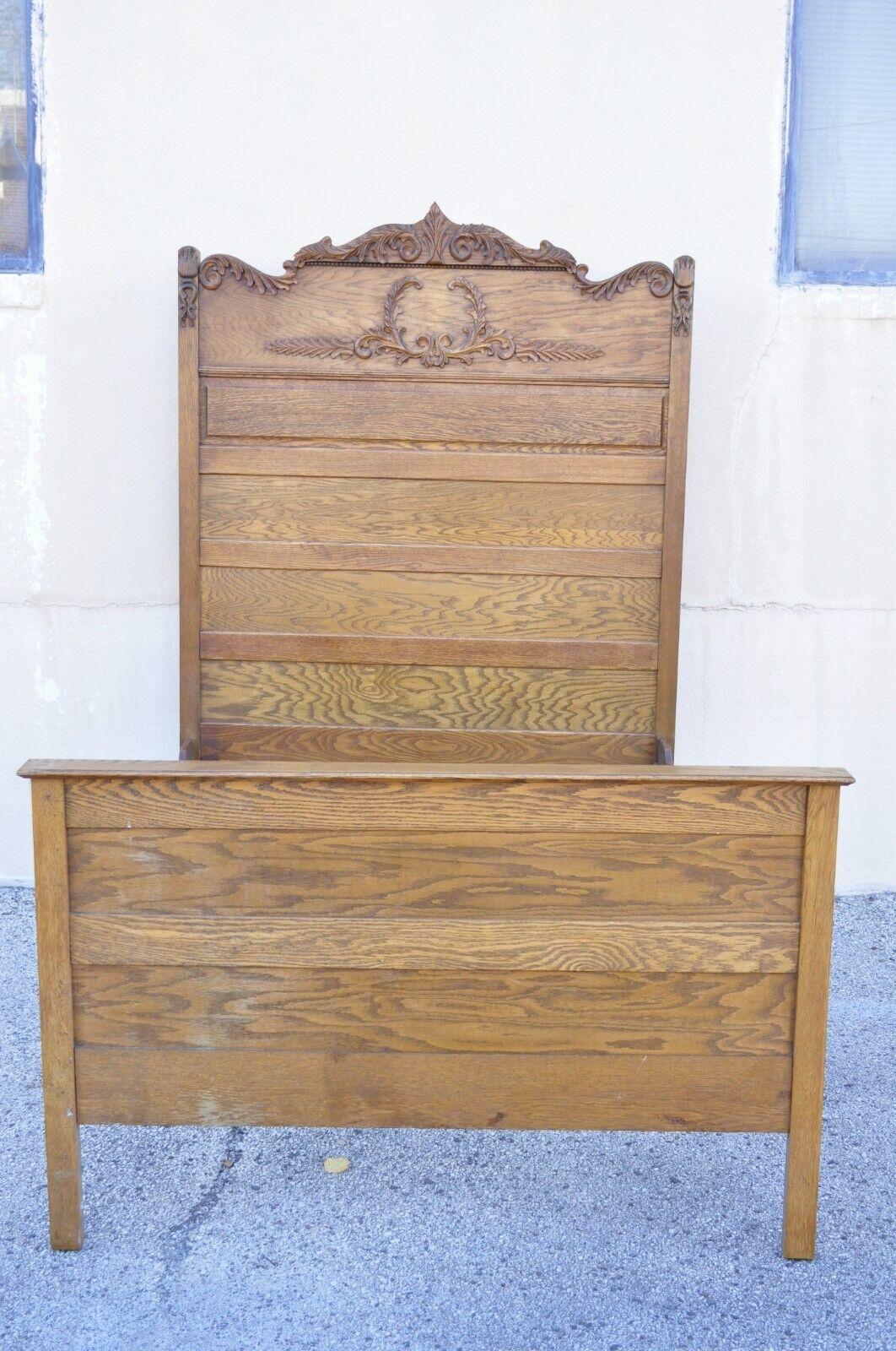 Antique Eastlake Victorian Oak Wood Tall Headboard Full Size Bed Frame 3